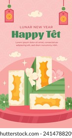 Vietnamese new year Background. Translation "Tet": Lunar new year. Vietnamese Tet celebration. Cartoon Vector illustration design for Poster, Banner, Greeting, Card, Flyer, Post, Cover. February 10.