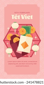 Vietnamese new year Background. Translation "Tet": Lunar new year. Vietnamese Tet celebration. Cartoon Vector illustration design for Poster, Banner, Greeting, Card, Flyer, Post, Cover. February 10.