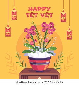 Vietnamese new year Background. Translation "Tet": Lunar new year. Vietnamese Tet celebration. Cartoon Vector illustration design for Poster, Banner, Greeting, Card, Flyer, Post, Cover. February 10.