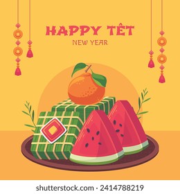Vietnamese new year Background. Translation "Tet": Lunar new year. Vietnamese Tet celebration. Cartoon Vector illustration design for Poster, Banner, Greeting, Card, Flyer, Post, Cover. February 10.
