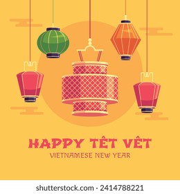 Vietnamese new year Background. Translation "Tet": Lunar new year. Vietnamese Tet celebration. Cartoon Vector illustration design for Poster, Banner, Greeting, Card, Flyer, Post, Cover. February 10.