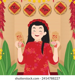 Vietnamese new year Background. Translation "Tet": Lunar new year. Vietnamese Tet celebration. Cartoon Vector illustration design for Poster, Banner, Greeting, Card, Flyer, Post, Cover. February 10.