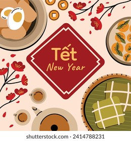 Vietnamesischer Hintergrund für das neue Jahr. Übersetzung "Tet": Montag neues Jahr. Vietnamesisch Tet Feier. Cartoon Vektorgrafik Design für Poster, Banner, Gruß, Karte, Flyer, Post, Cover. 10. Februar.
