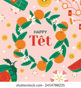 Vietnamese new year Background. Translation "Tet": Lunar new year. Vietnamese Tet celebration. Cartoon Vector illustration design for Poster, Banner, Greeting, Card, Flyer, Post, Cover. February 10.