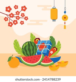 Vietnamese new year Background. Translation "Tet": Lunar new year. Vietnamese Tet celebration. Cartoon Vector illustration design for Poster, Banner, Greeting, Card, Flyer, Post, Cover. February 10.