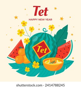 Vietnamese new year Background. Translation "Tet": Lunar new year. Vietnamese Tet celebration. Cartoon Vector illustration design for Poster, Banner, Greeting, Card, Flyer, Post, Cover. February 10.