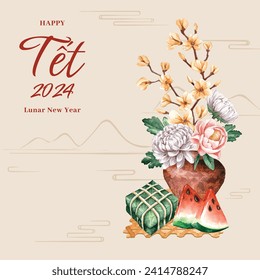 Antecedentes del año nuevo vietnamita. Traducción "Tet": Año nuevo lunar. Celebración del Tet Vietnamita. Diseño de ilustración de vectores de caricatura para afiches, banner, saludo, tarjeta, volante, publicación, portada. 10 de febrero.