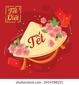 Antecedentes del año nuevo vietnamita. Traducción "Tet": Año nuevo lunar. Celebración del Tet Vietnamita. Diseño de ilustración de vectores de caricatura para afiches, banner, saludo, tarjeta, volante, publicación, portada. 10 de febrero.