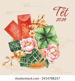 Antecedentes del año nuevo vietnamita. Traducción "Tet": Año nuevo lunar. Celebración del Tet Vietnamita. Diseño de ilustración de vectores de caricatura para afiches, banner, saludo, tarjeta, volante, publicación, portada. 10 de febrero.