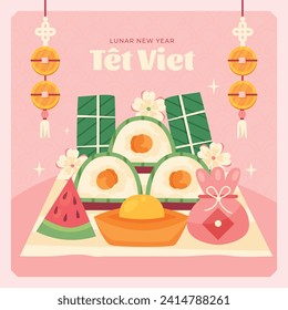 Vietnamese new year Background. Translation "Tet": Lunar new year. Vietnamese Tet celebration. Cartoon Vector illustration design for Poster, Banner, Greeting, Card, Flyer, Post, Cover. February 10.