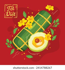 Vietnamese new year Background. Translation "Tet": Lunar new year. Vietnamese Tet celebration. Cartoon Vector illustration design for Poster, Banner, Greeting, Card, Flyer, Post, Cover. February 10.