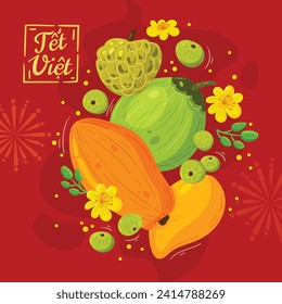 Antecedentes del año nuevo vietnamita. Traducción "Tet": Año nuevo lunar. Celebración del Tet Vietnamita. Diseño de ilustración de vectores de caricatura para afiches, banner, saludo, tarjeta, volante, publicación, portada. 10 de febrero.