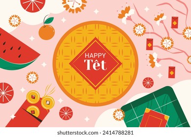 Antecedentes del año nuevo vietnamita. Traducción "Tet": Año nuevo lunar. Celebración del Tet Vietnamita. Diseño de ilustración de vectores de caricatura para afiches, banner, saludo, tarjeta, volante, publicación, portada. 10 de febrero.