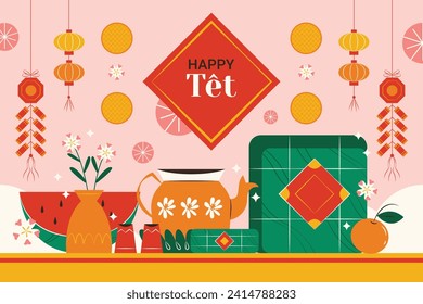 Vietnamese new year Background. Translation "Tet": Lunar new year. Vietnamese Tet celebration. Cartoon Vector illustration design for Poster, Banner, Greeting, Card, Flyer, Post, Cover. February 10.