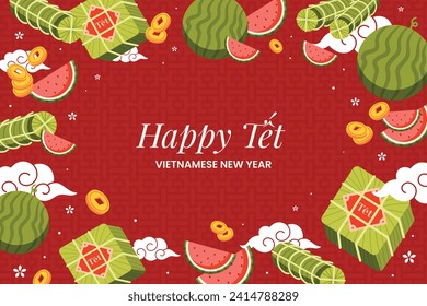 Vietnamese new year Background. Translation "Tet": Lunar new year. Vietnamese Tet celebration. Cartoon Vector illustration design for Poster, Banner, Greeting, Card, Flyer, Post, Cover. February 10.
