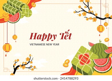 Antecedentes del año nuevo vietnamita. Traducción "Tet": Año nuevo lunar. Celebración del Tet Vietnamita. Diseño de ilustración de vectores de caricatura para afiches, banner, saludo, tarjeta, volante, publicación, portada. 10 de febrero.