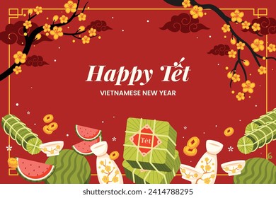 Vietnamese new year Background. Translation "Tet": Lunar new year. Vietnamese Tet celebration. Cartoon Vector illustration design for Poster, Banner, Greeting, Card, Flyer, Post, Cover. February 10.