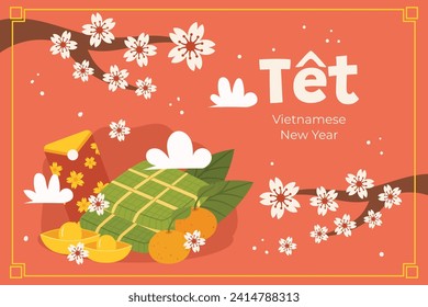 Vietnamese new year Background. Translation "Tet": Lunar new year. Vietnamese Tet celebration. Cartoon Vector illustration design for Poster, Banner, Greeting, Card, Flyer, Post, Cover. February 10.
