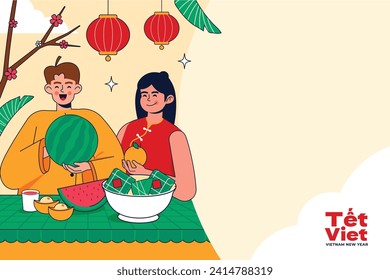 Vietnamese new year Background. Translation "Tet": Lunar new year. Vietnamese Tet celebration. Cartoon Vector illustration design for Poster, Banner, Greeting, Card, Flyer, Post, Cover. February 10.