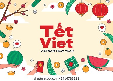 Vietnamese new year Background. Translation "Tet": Lunar new year. Vietnamese Tet celebration. Cartoon Vector illustration design for Poster, Banner, Greeting, Card, Flyer, Post, Cover. February 10.