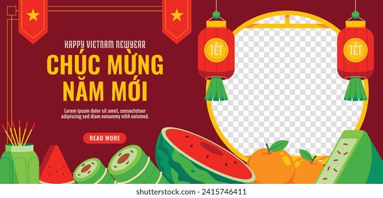 Vietnamese new year Background. Translation "Tet": Lunar new year. Vietnamese Tet celebration. Cartoon Vector illustration design for Poster, Banner, Greeting, Card, Flyer, Post, Cover. February 10.