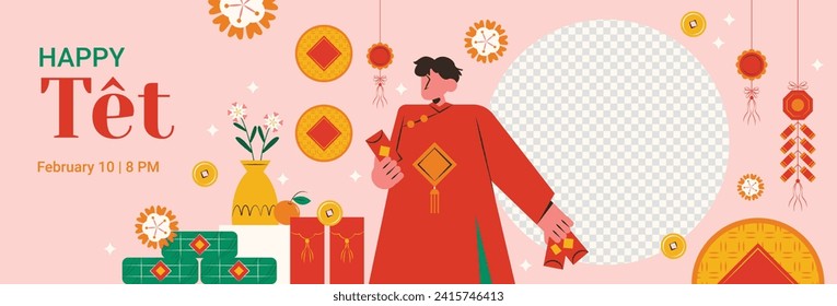 Vietnamese new year Background. Translation "Tet": Lunar new year. Vietnamese Tet celebration. Cartoon Vector illustration design for Poster, Banner, Greeting, Card, Flyer, Post, Cover. February 10.