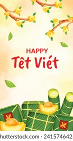 Vietnamese new year Background. Translation "Tet": Lunar new year. Vietnamese Tet celebration. Cartoon Vector illustration design for Poster, Banner, Greeting, Card, Flyer, Post, Cover. February 10.
