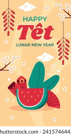 Vietnamese new year Background. Translation "Tet": Lunar new year. Vietnamese Tet celebration. Cartoon Vector illustration design for Poster, Banner, Greeting, Card, Flyer, Post, Cover. February 10.