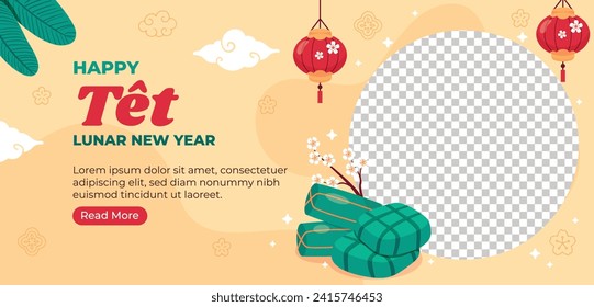 Vietnamese new year Background. Translation "Tet": Lunar new year. Vietnamese Tet celebration. Cartoon Vector illustration design for Poster, Banner, Greeting, Card, Flyer, Post, Cover. February 10.