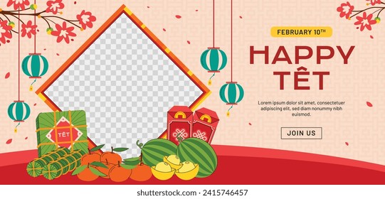 Vietnamese new year Background. Translation "Tet": Lunar new year. Vietnamese Tet celebration. Cartoon Vector illustration design for Poster, Banner, Greeting, Card, Flyer, Post, Cover. February 10.