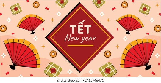 Vietnamese new year Background. Translation "Tet": Lunar new year. Vietnamese Tet celebration. Cartoon Vector illustration design for Poster, Banner, Greeting, Card, Flyer, Post, Cover. February 10.