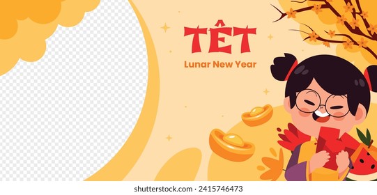 Vietnamese new year Background. Translation "Tet": Lunar new year. Vietnamese Tet celebration. Cartoon Vector illustration design for Poster, Banner, Greeting, Card, Flyer, Post, Cover. February 10.