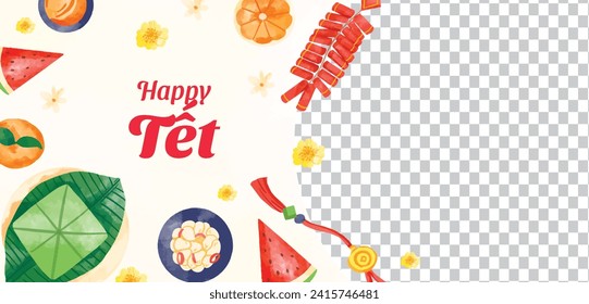 Vietnamese new year Background. Translation "Tet": Lunar new year. Vietnamese Tet celebration. Cartoon Vector illustration design for Poster, Banner, Greeting, Card, Flyer, Post, Cover. February 10.