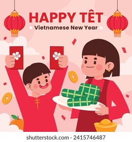 Antecedentes del año nuevo vietnamita. Traducción "Tet": Año nuevo lunar. Celebración del Tet Vietnamita. Diseño de ilustración de vectores de caricatura para afiches, banner, saludo, tarjeta, volante, publicación, portada. 10 de febrero.