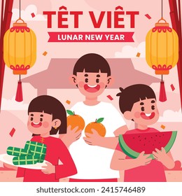 Vietnamese new year Background. Translation "Tet": Lunar new year. Vietnamese Tet celebration. Cartoon Vector illustration design for Poster, Banner, Greeting, Card, Flyer, Post, Cover. February 10.