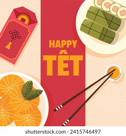 Vietnamese new year Background. Translation "Tet": Lunar new year. Vietnamese Tet celebration. Cartoon Vector illustration design for Poster, Banner, Greeting, Card, Flyer, Post, Cover. February 10.