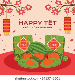 Vietnamese new year Background. Translation "Tet": Lunar new year. Vietnamese Tet celebration. Cartoon Vector illustration design for Poster, Banner, Greeting, Card, Flyer, Post, Cover. February 10.