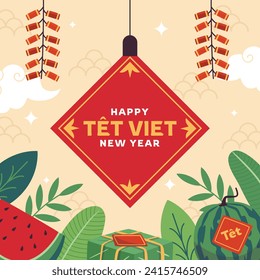 Vietnamese new year Background. Translation "Tet": Lunar new year. Vietnamese Tet celebration. Cartoon Vector illustration design for Poster, Banner, Greeting, Card, Flyer, Post, Cover. February 10.