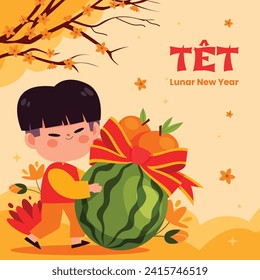 Vietnamese new year Background. Translation "Tet": Lunar new year. Vietnamese Tet celebration. Cartoon Vector illustration design for Poster, Banner, Greeting, Card, Flyer, Post, Cover. February 10.