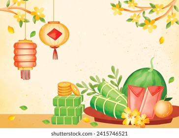 Vietnamese new year Background. Translation "Tet": Lunar new year. Vietnamese Tet celebration. Cartoon Vector illustration design for Poster, Banner, Greeting, Card, Flyer, Post, Cover. February 10.