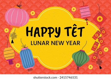 Vietnamese new year Background. Translation "Tet": Lunar new year. Vietnamese Tet celebration. Cartoon Vector illustration design for Poster, Banner, Greeting, Card, Flyer, Post, Cover. February 10.