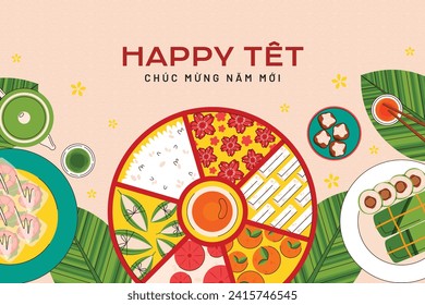 Vietnamese new year Background. Translation "Tet": Lunar new year. Vietnamese Tet celebration. Cartoon Vector illustration design for Poster, Banner, Greeting, Card, Flyer, Post, Cover. February 10.
