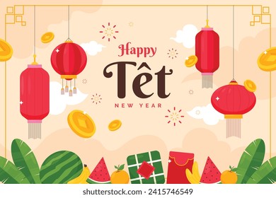 Vietnamese new year Background. Translation "Tet": Lunar new year. Vietnamese Tet celebration. Cartoon Vector illustration design for Poster, Banner, Greeting, Card, Flyer, Post, Cover. February 10.