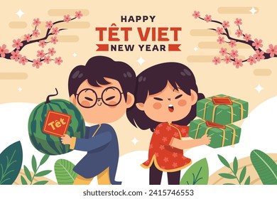 Vietnamese new year Background. Translation "Tet": Lunar new year. Vietnamese Tet celebration. Cartoon Vector illustration design for Poster, Banner, Greeting, Card, Flyer, Post, Cover. February 10.