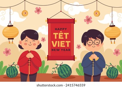 Vietnamese new year Background. Translation "Tet": Lunar new year. Vietnamese Tet celebration. Cartoon Vector illustration design for Poster, Banner, Greeting, Card, Flyer, Post, Cover. February 10.