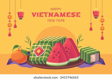 Vietnamese new year Background. Translation "Tet": Lunar new year. Vietnamese Tet celebration. Cartoon Vector illustration design for Poster, Banner, Greeting, Card, Flyer, Post, Cover. February 10.