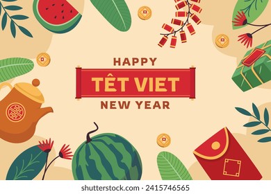 Vietnamese new year Background. Translation "Tet": Lunar new year. Vietnamese Tet celebration. Cartoon Vector illustration design for Poster, Banner, Greeting, Card, Flyer, Post, Cover. February 10.