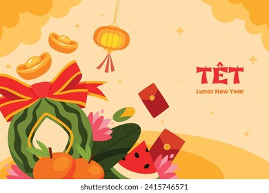 Vietnamese new year Background. Translation "Tet": Lunar new year. Vietnamese Tet celebration. Cartoon Vector illustration design for Poster, Banner, Greeting, Card, Flyer, Post, Cover. February 10.