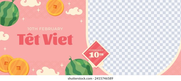 Vietnamesischer Hintergrund für das neue Jahr. Übersetzung "Tet": Montag neues Jahr. Vietnamesisch Tet Feier. Cartoon Vektorgrafik Design für Poster, Banner, Gruß, Karte, Flyer, Post, Cover. 10. Februar.