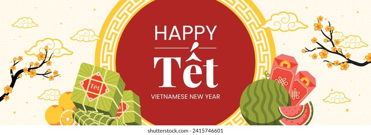 Vietnamese new year Background. Translation "Tet": Lunar new year. Vietnamese Tet celebration. Cartoon Vector illustration design for Poster, Banner, Greeting, Card, Flyer, Post, Cover. February 10.